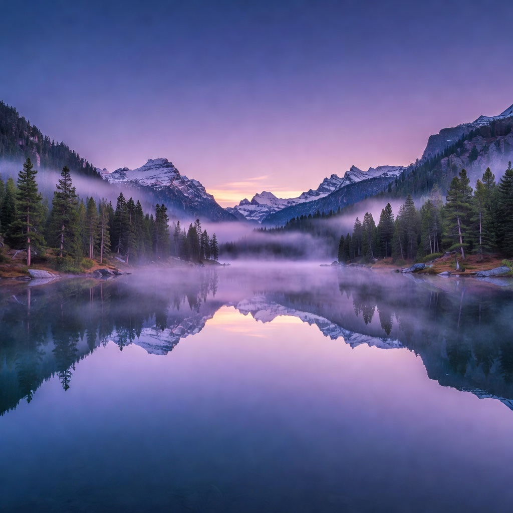 Made in Aura: a calm alpine lake at dawn with snow-capped peaks mirrored in still water.