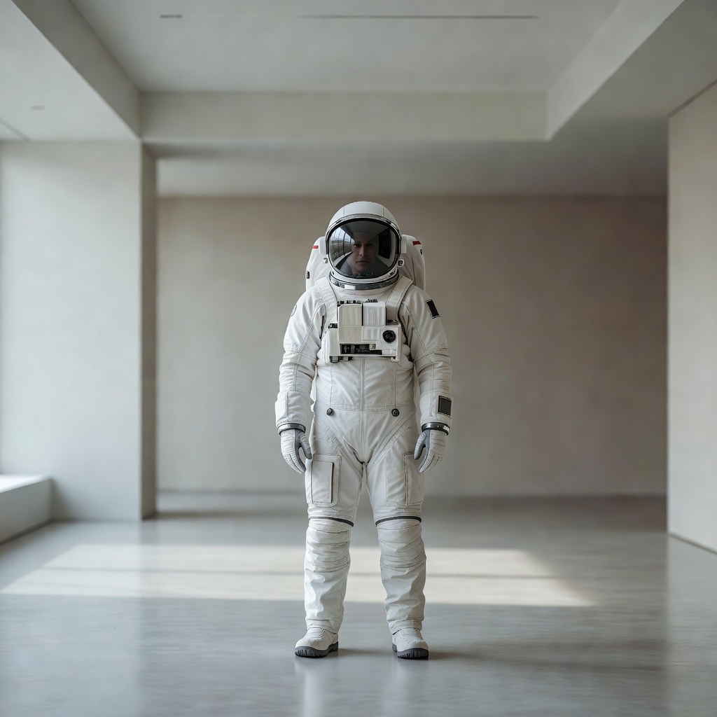 Made in Aura: a photoreal astronaut in a white EVA suit standing alone in a minimalist white gallery-like interior.