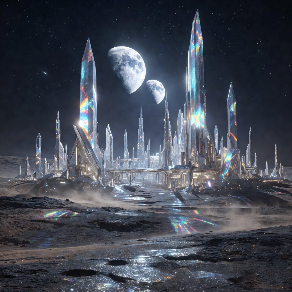 Made in Aura: an alien city of prismatic crystal spires on a barren moon-like surface under two moons.