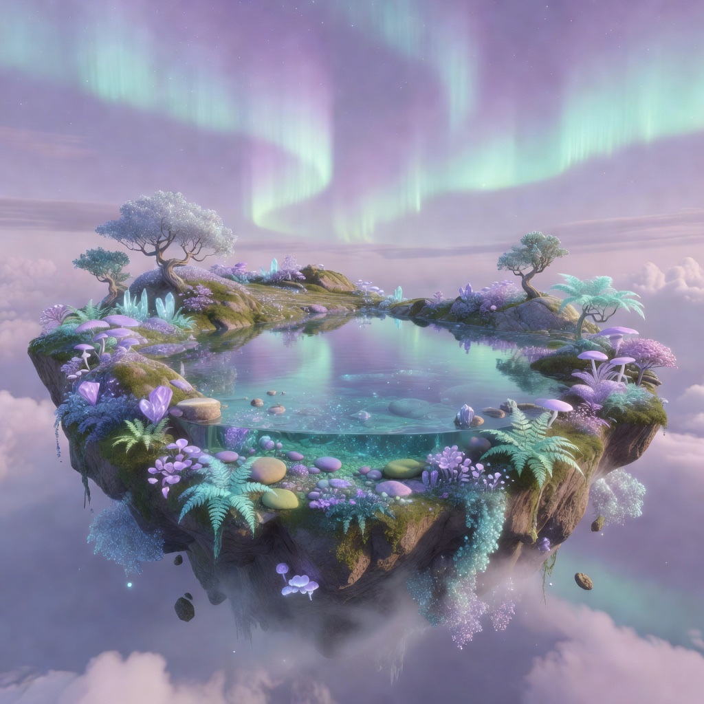 Made in Aura: a floating fantasy island with a crystal-clear lagoon, glowing purple and teal flora, under an aurora sky.