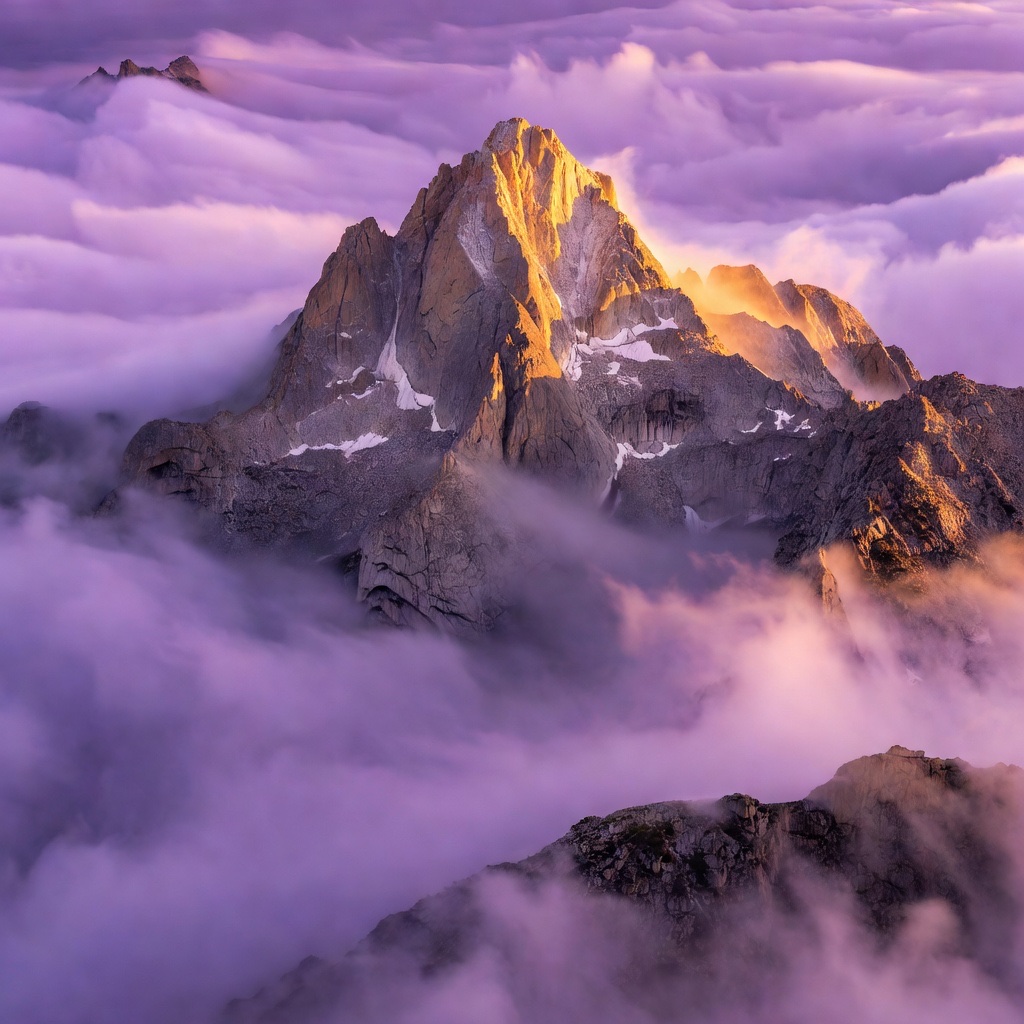 Made in Aura: a jagged mountain peak breaking through purple-pink clouds, lit gold by sunrise.