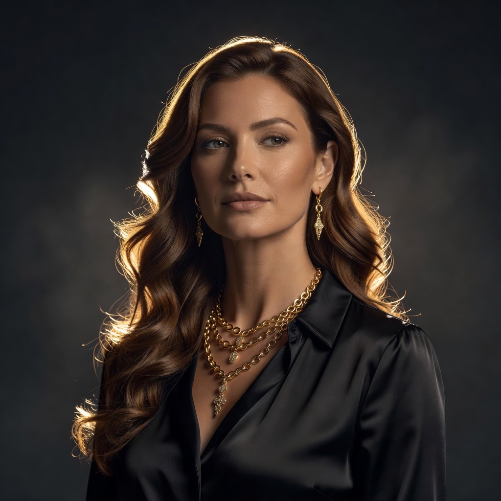 Made in Aura: a studio portrait of a woman with wavy brunette hair, gold layered jewelry and a black satin blouse.