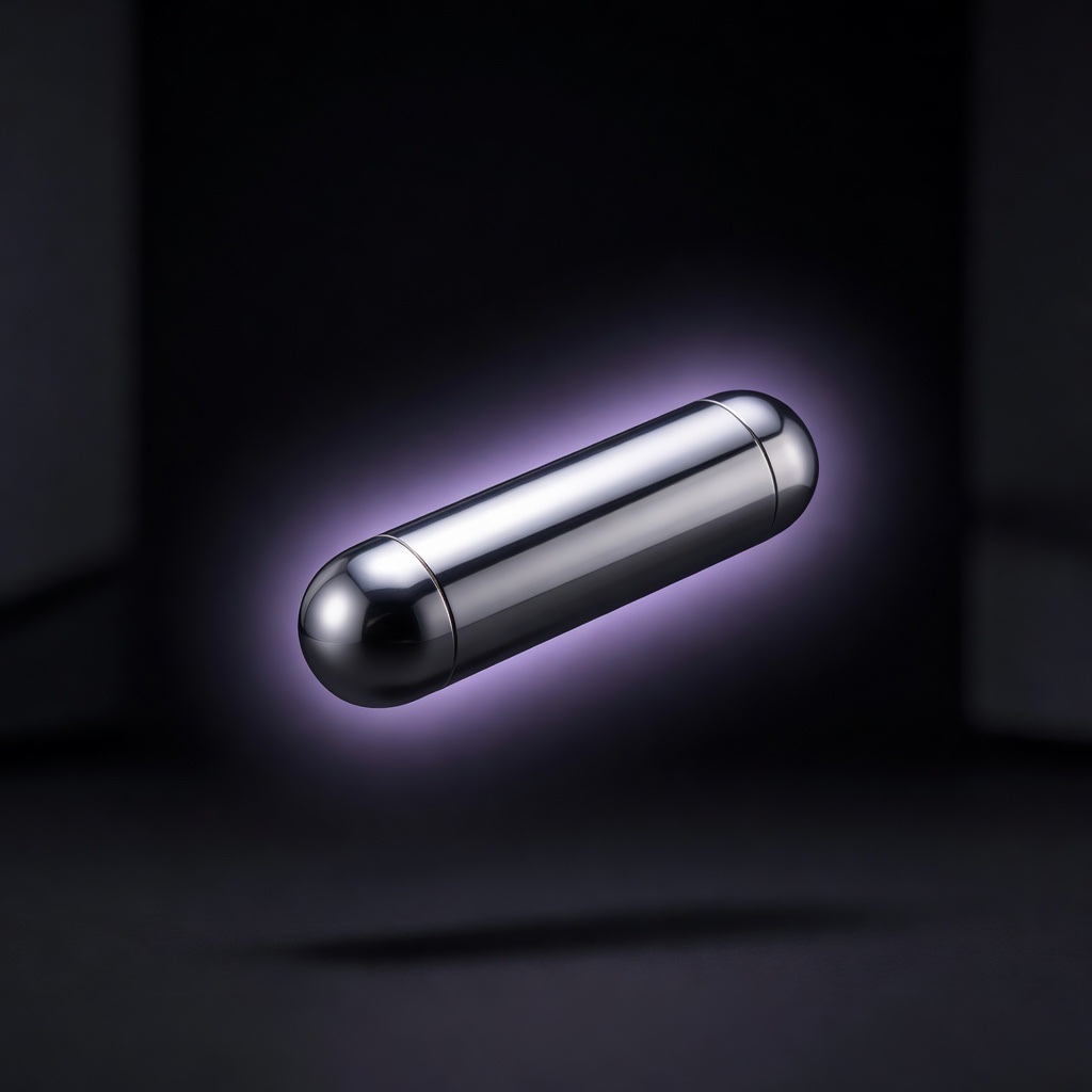 Made in Aura: a studio product shot of a floating chrome capsule object with purple rim light on a dark backdrop.