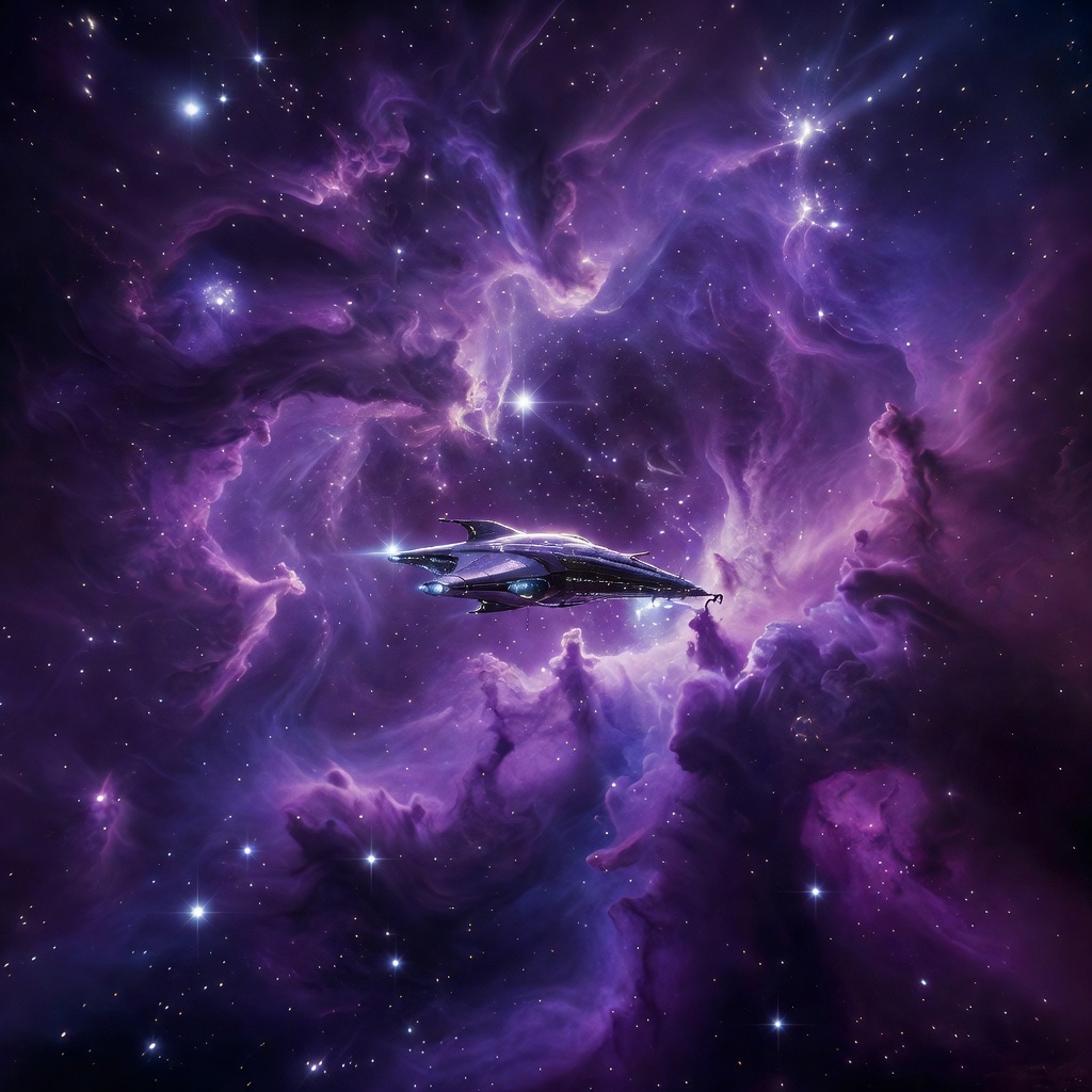 Made in Aura: a sci-fi spaceship flying through a dramatic violet nebula full of stars.