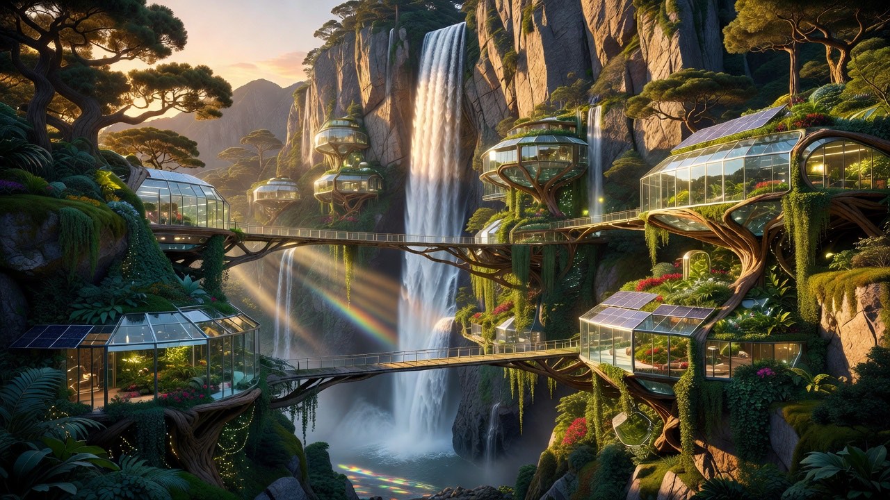 Made in Aura: a fantastical eco-futuristic cliffside city of glass greenhouse pods and tree-root bridges around a massive waterfall, a rainbow in the mist, lit by golden-hour light.